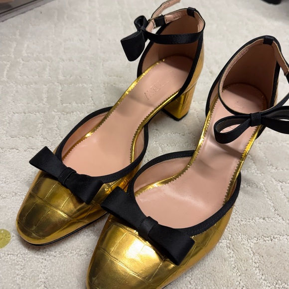 J.Crew Millie Bow Ankle-Strap Heels in gold metallic croc-embossed leather. - Picture 5 of 6